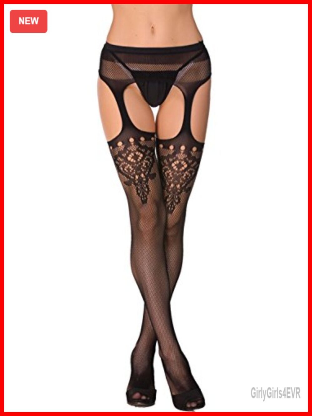 Floral Fishnet Stockings with Attached Garter Belt Nylon Hosiery